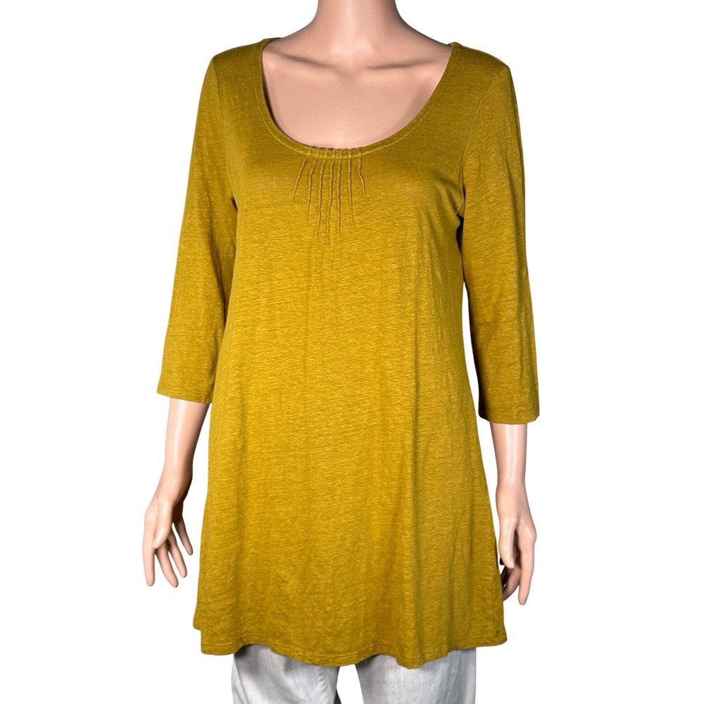 Eileen Fisher Mustard Yellow Pleated Neckline Linen Tunic Top Medium 3578